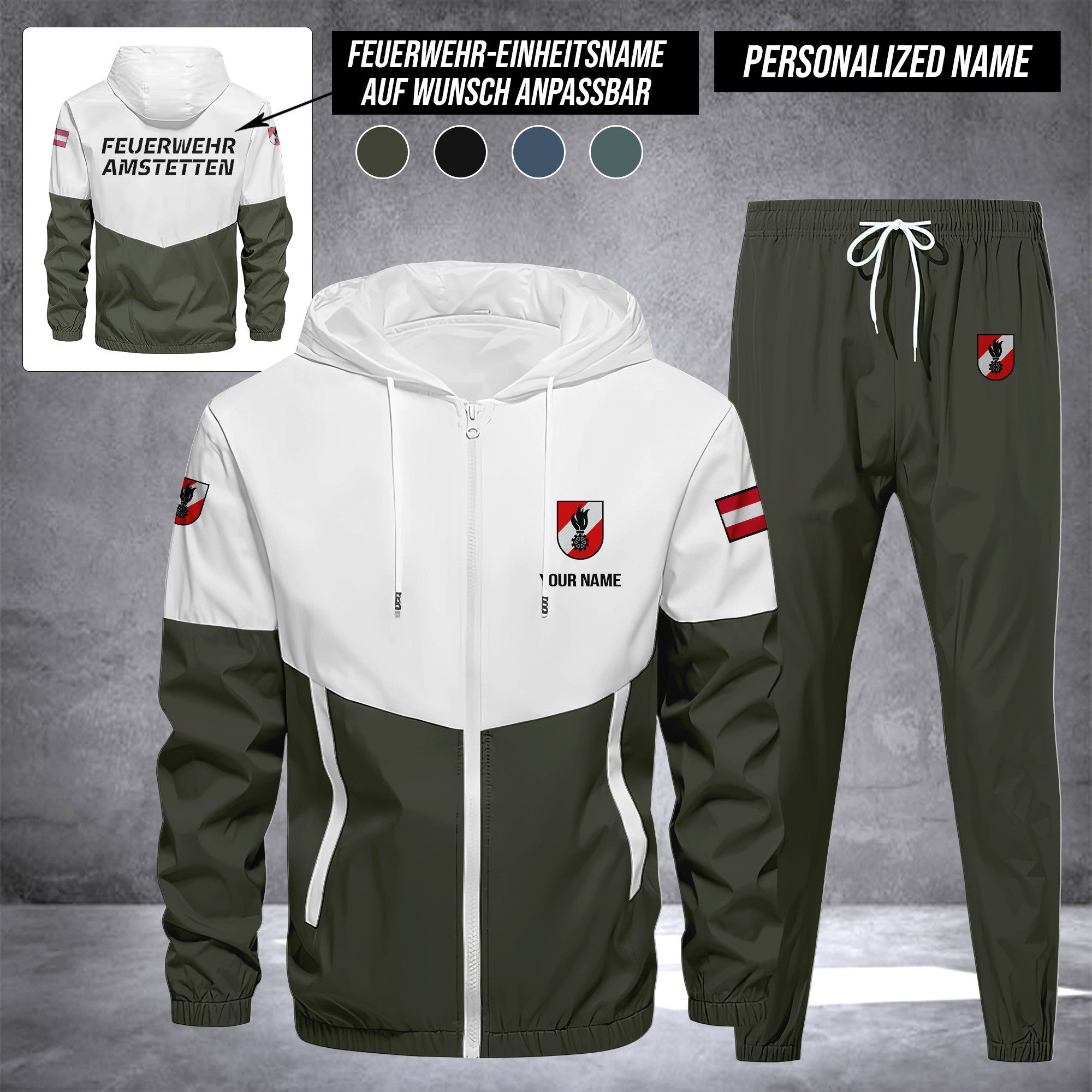 Firefighter Austria Herren Trainingsanzug 2025 – Freizeit Jogginganzug mit Kapuze, Sportjacke & Hose, 2-teiliges Running Set custom department
