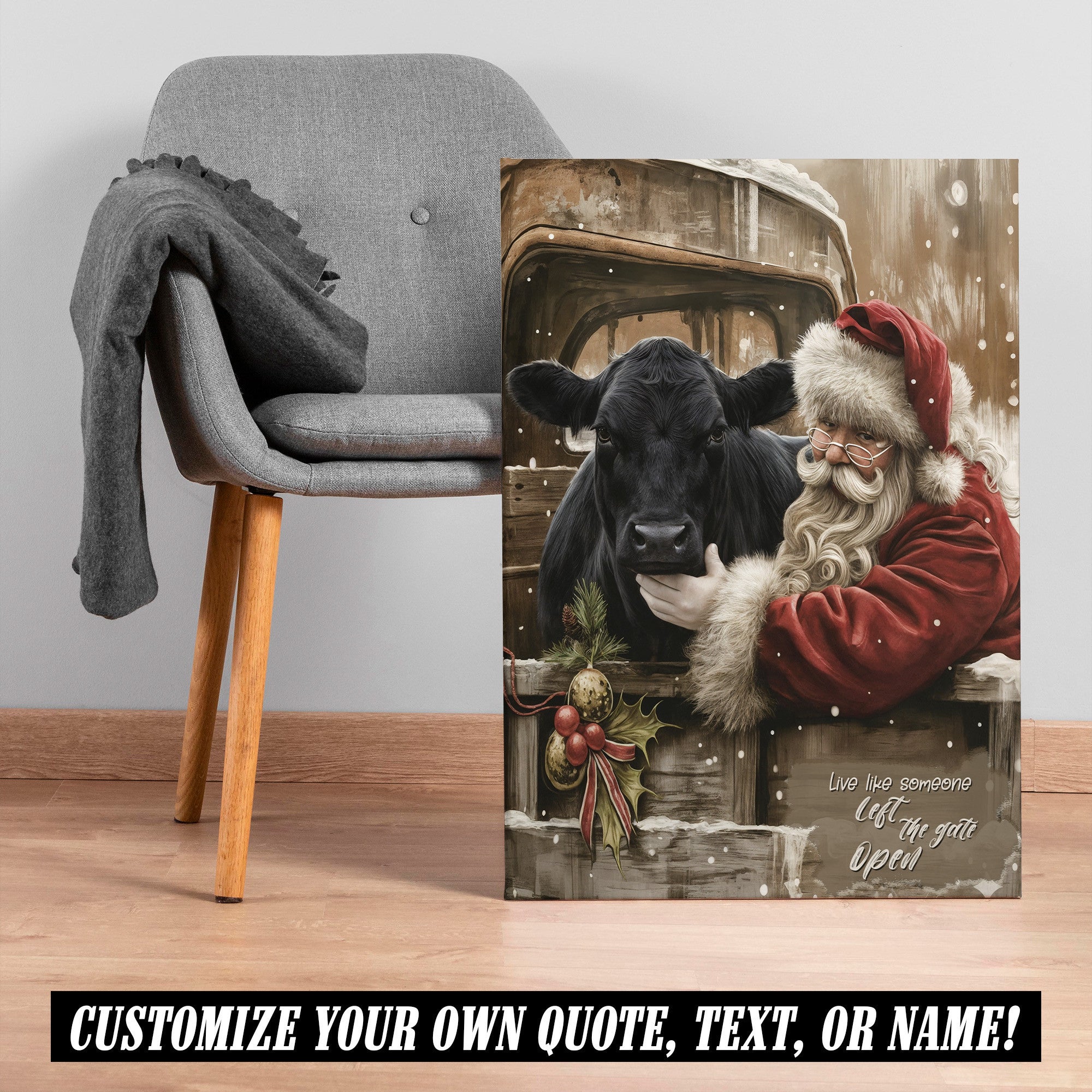 Santa & Angus Cow Christmas Canvas - Wall Decor