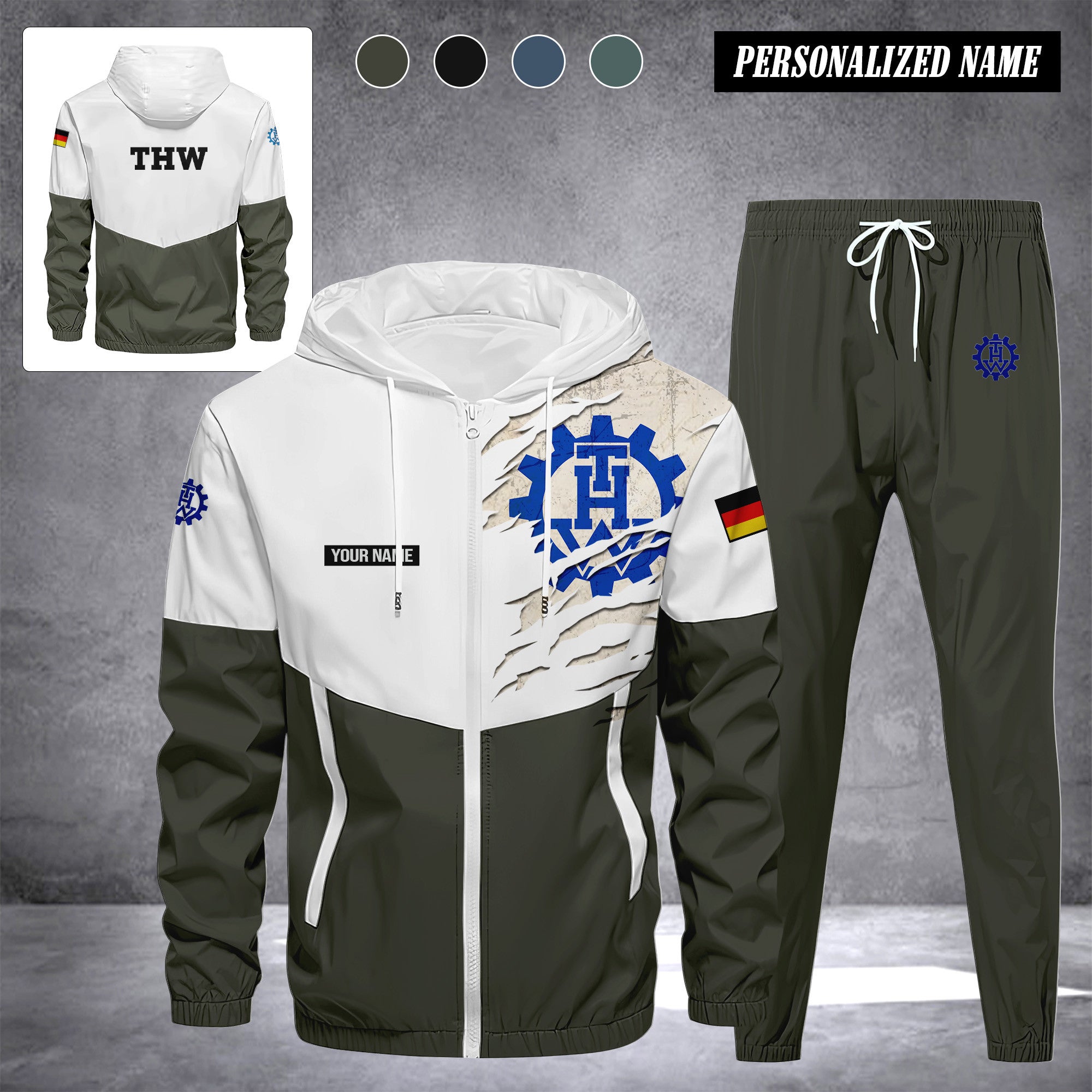 THW Germany Herren Trainingsanzug 2025 – Freizeit Jogginganzug mit Kapuze, Sportjacke & Hose, 2-teiliges Running Set custom department